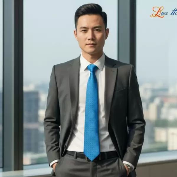 Cà vạt lụa tơ tằm họa tiết xanh chấm bi đen