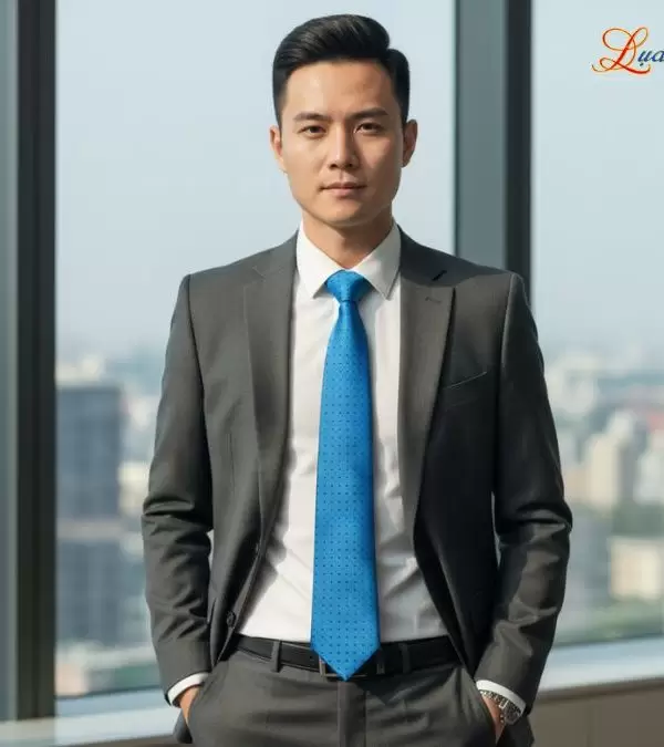 Cà vạt lụa tơ tằm họa tiết xanh chấm bi đen