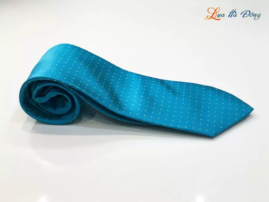 Cà vạt lụa tơ tằm họa tiết xanh chấm bi vàng
