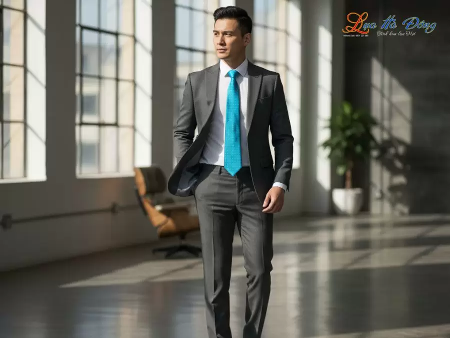 Cà vạt lụa tơ tằm họa tiết xanh chấm bi vàng