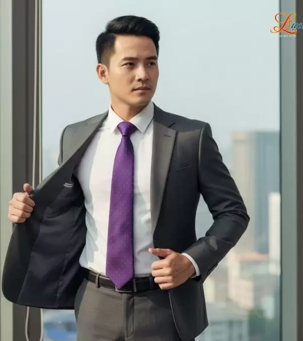 Cà vạt lụa tơ tằm màu tím chấm bi đỏ