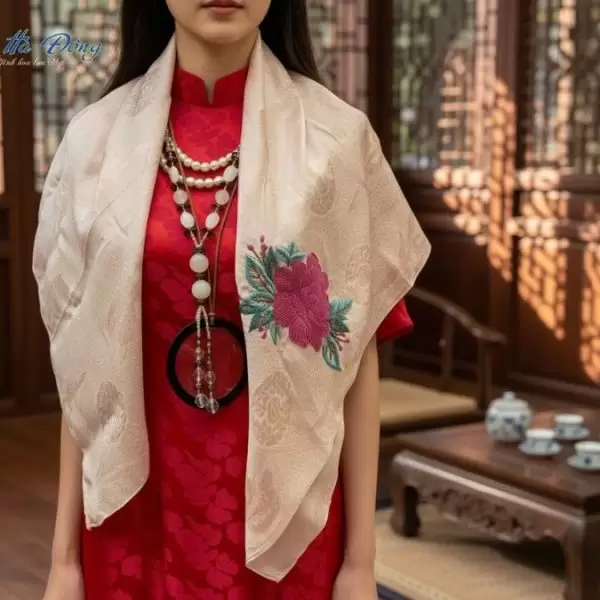 Khăn lụa thêu tay song thọ hồng phấn