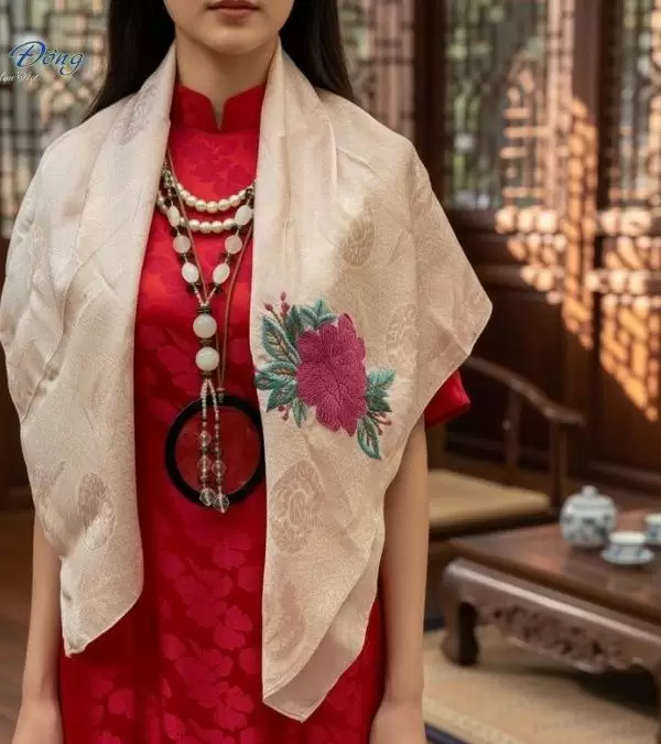 Khăn lụa thêu tay song thọ hồng phấn