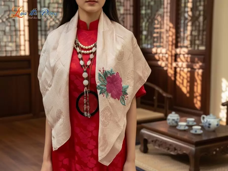 Khăn lụa thêu tay song thọ hồng phấn