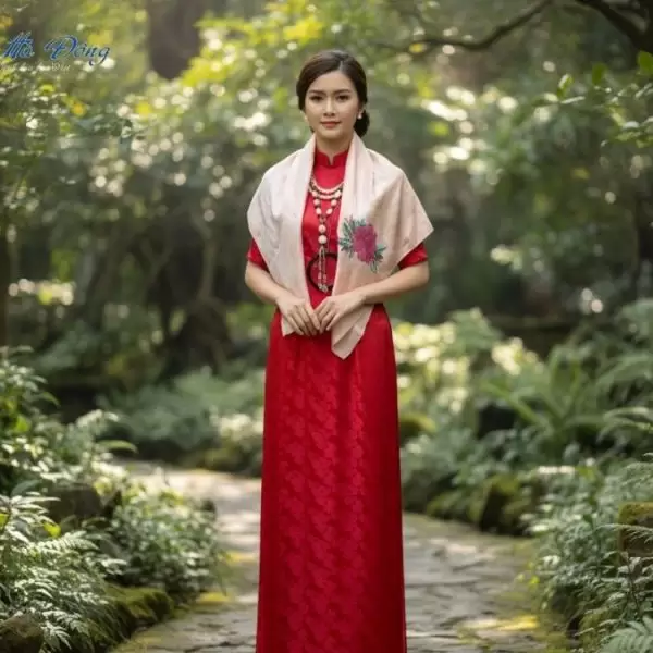 Khăn lụa thêu tay song thọ hồng phấn