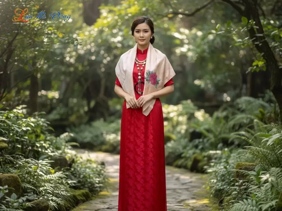 Khăn lụa thêu tay song thọ hồng phấn