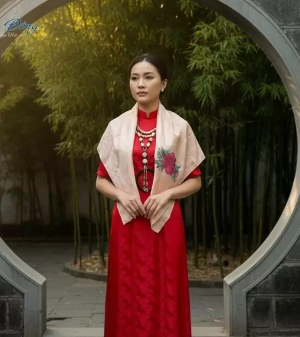 Khăn lụa thêu tay song thọ hồng phấn