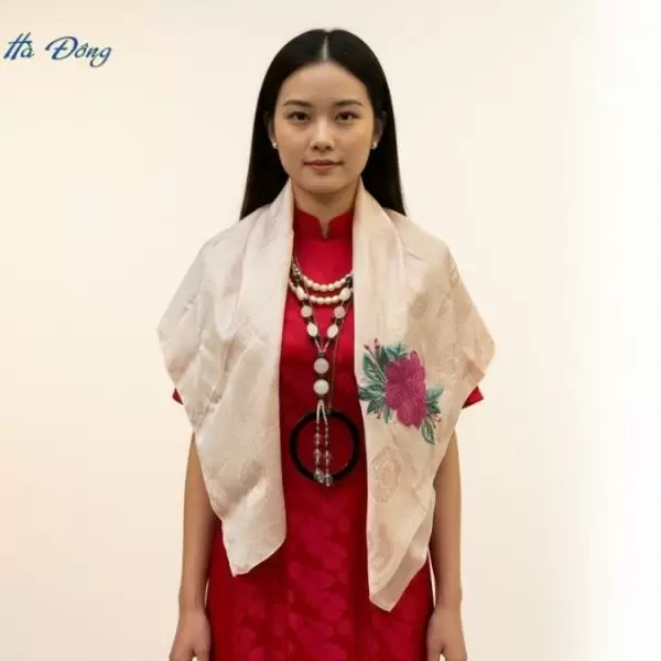 Khăn lụa thêu tay song thọ hồng phấn