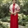 Khăn lụa thêu tay song thọ hồng phấn