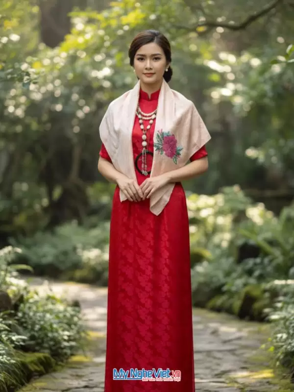 Khăn lụa thêu tay song thọ hồng phấn