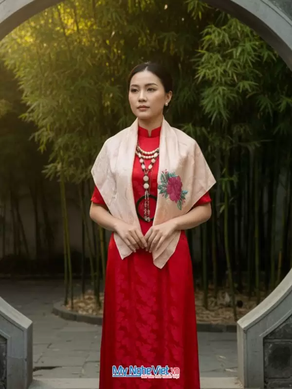 Khăn lụa thêu tay song thọ hồng phấn