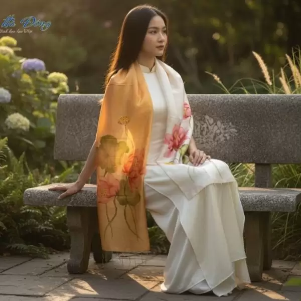 Khăn lụa tơ tằm vẽ tay hoa tua rua 100% silk