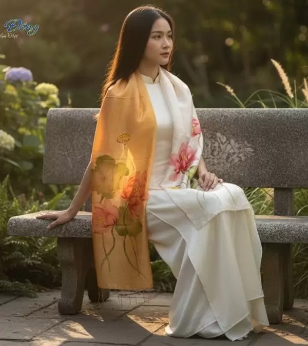 Khăn lụa tơ tằm vẽ tay hoa tua rua 100% silk