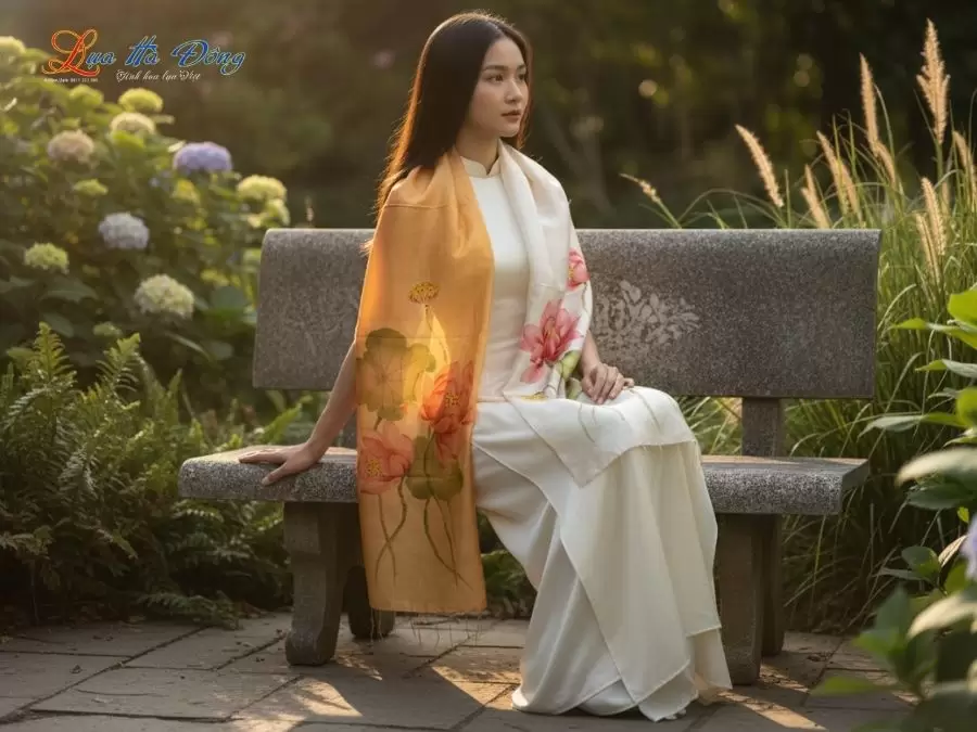 Khăn lụa tơ tằm vẽ tay hoa tua rua 100% silk