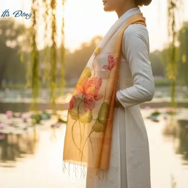 Khăn lụa tơ tằm vẽ tay hoa tua rua 100% silk