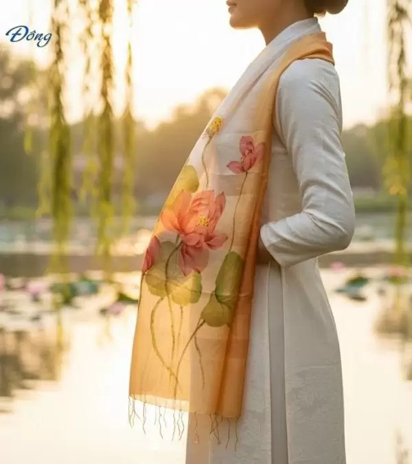 Khăn lụa tơ tằm vẽ tay hoa tua rua 100% silk