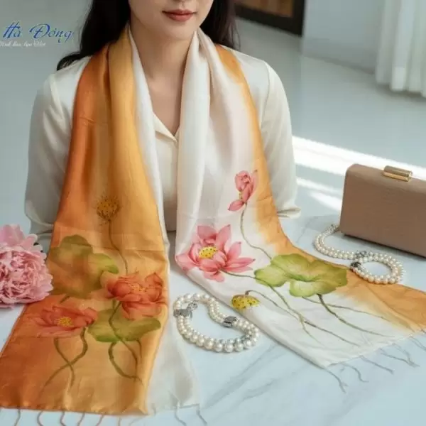 Khăn lụa tơ tằm vẽ tay hoa tua rua 100% silk
