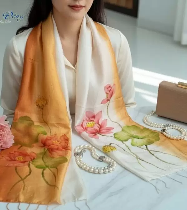 Khăn lụa tơ tằm vẽ tay hoa tua rua 100% silk