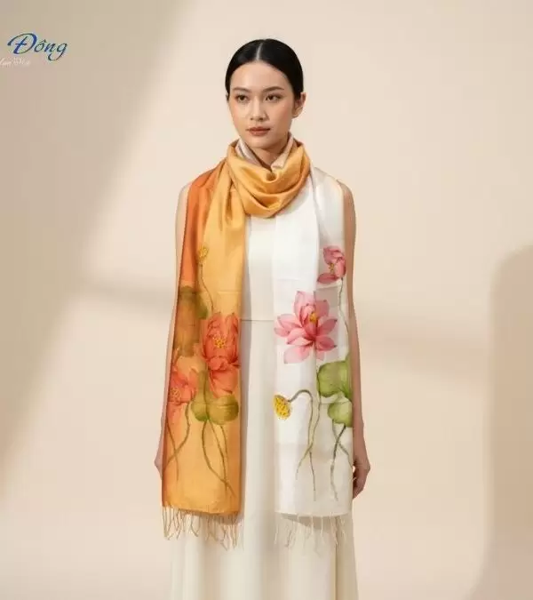 Khăn lụa tơ tằm vẽ tay hoa tua rua 100% silk