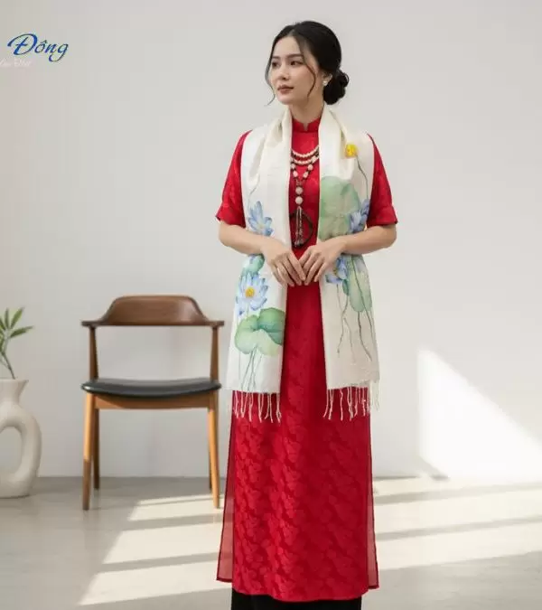 Khăn lụa tơ tằm vẽ tay hoa tua rua 100% silk