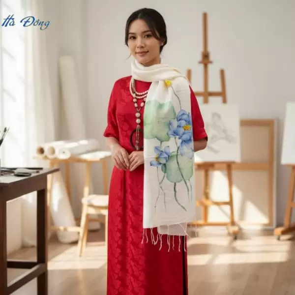 Khăn lụa tơ tằm vẽ tay hoa tua rua 100% silk