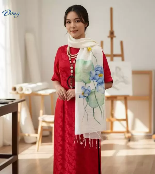 Khăn lụa tơ tằm vẽ tay hoa tua rua 100% silk