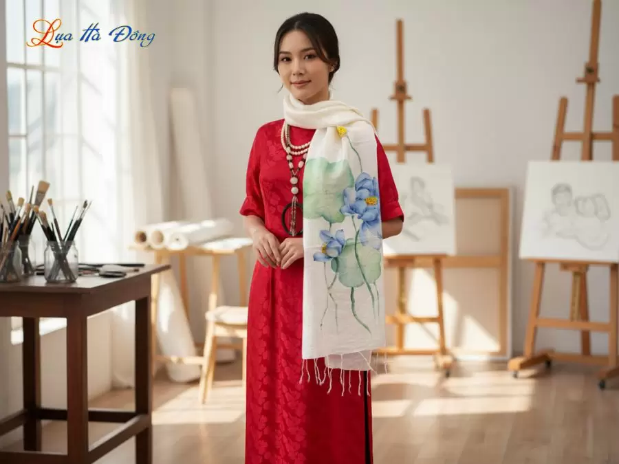 Khăn lụa tơ tằm vẽ tay hoa tua rua 100% silk