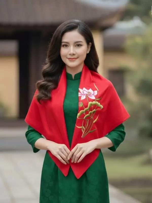 Alternative view of Khăn Lụa Vuông Tơ Tằm Thêu Hoa Sen Trơn Màu Đỏ KLTA9090/1