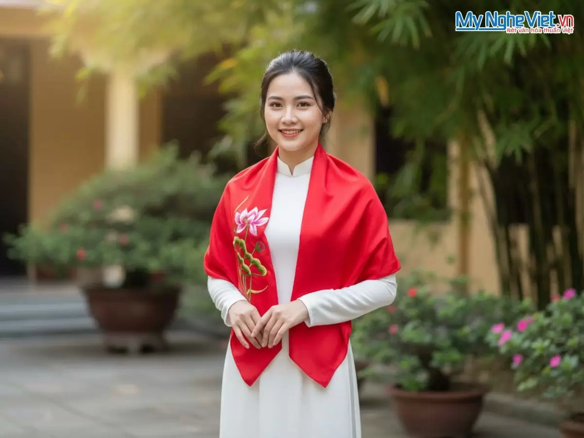 Khăn Lụa Vuông Tơ Tằm Thêu Hoa Sen Trơn Màu Đỏ KLTA9090/1 - Ảnh 5