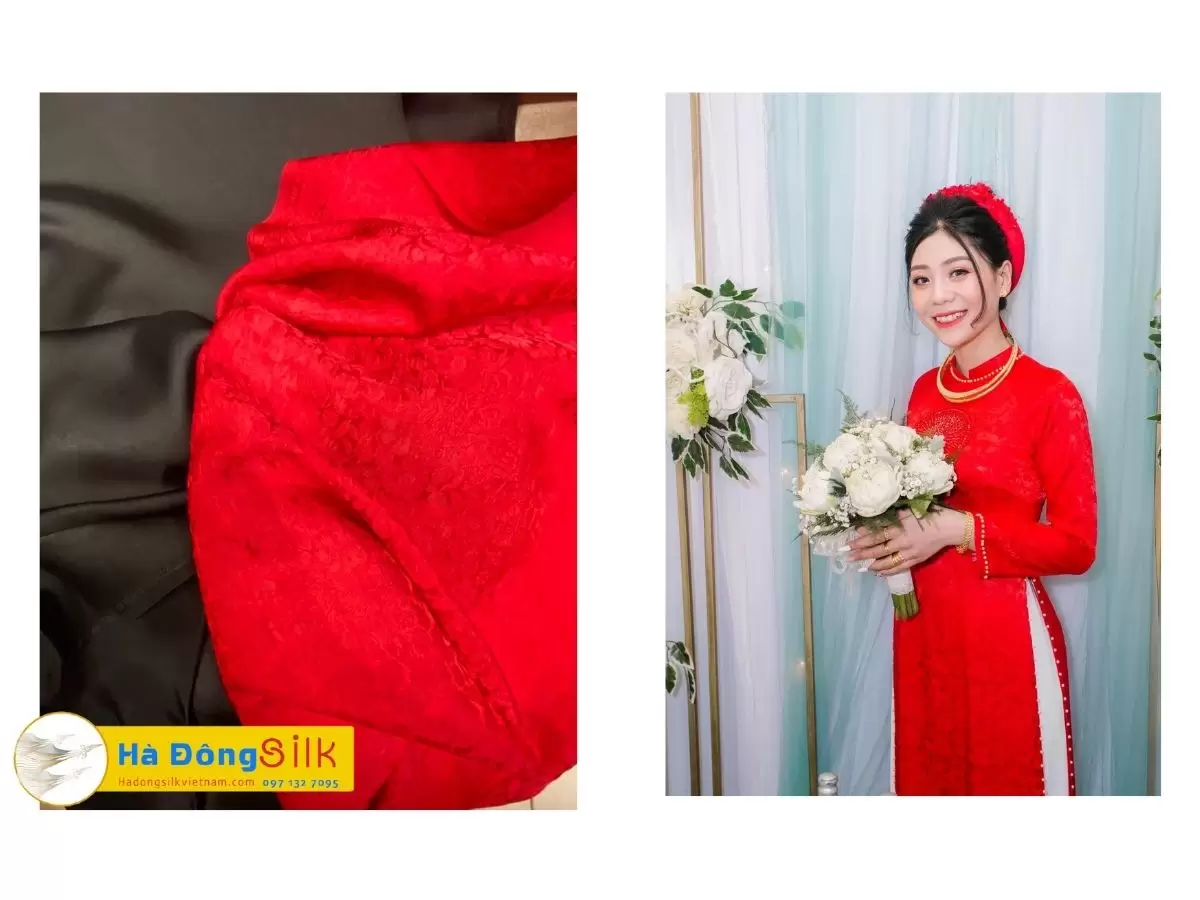 Vải May Áo Dài Cưới Cô Dâu Lụa Hà Đông Hoa Cúc Đỏ 70% tơ tằm MNV-KGHC08 - Ảnh 6