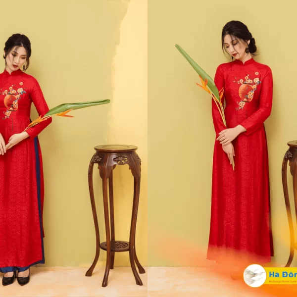 Alternative view of Vải May Áo Dài Cưới Cô Dâu Lụa Hà Đông Hoa Cúc Đỏ 70% tơ tằm MNV-KGHC08