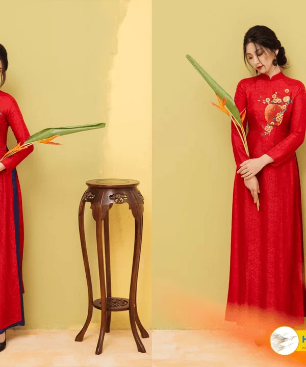 Alternative view of Vải May Áo Dài Cưới Cô Dâu Lụa Hà Đông Hoa Cúc Đỏ 70% tơ tằm MNV-KGHC08