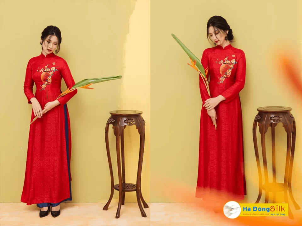 Vải May Áo Dài Cưới Cô Dâu Lụa Hà Đông Hoa Cúc Đỏ 70% tơ tằm MNV-KGHC08 - Ảnh 2