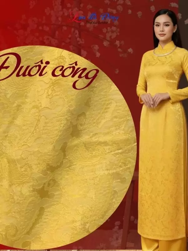 Vải lụa họa tiết đuôi công vàng tươi 3.7m khổ 90 MNV-LTA37/1