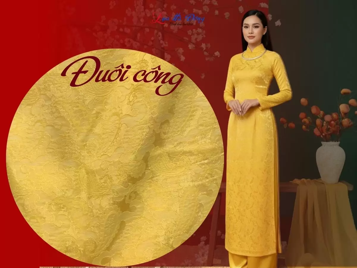 Vải lụa họa tiết đuôi công vàng tươi 3.7m khổ 90 MNV-LTA37/1