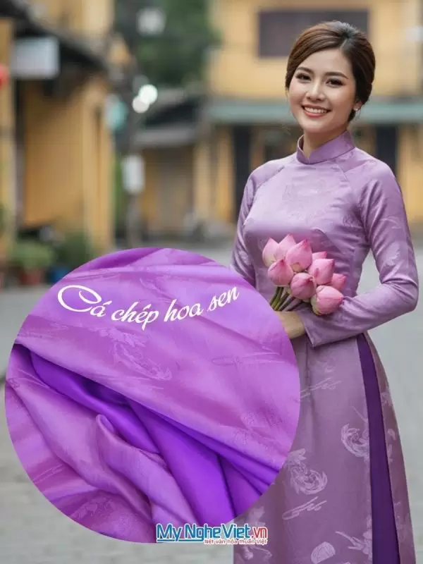 Vải lụa HĐ cá chép hoa sen 100% silk tím hoa cà 1m2 2m7 LNL27/2