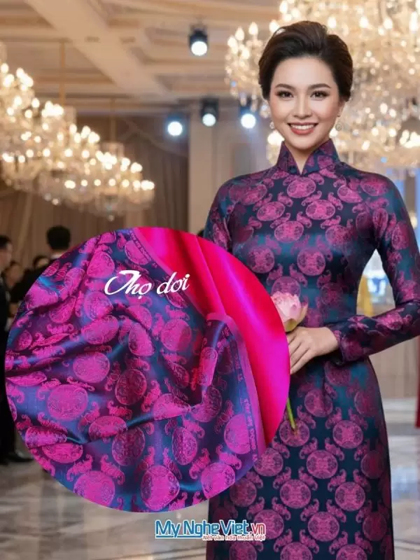 Vải Lụa Hà Đông Thọ Dơi Tròn Nhỏ Xanh Hồng 3.7m MNV-LHD37/12
