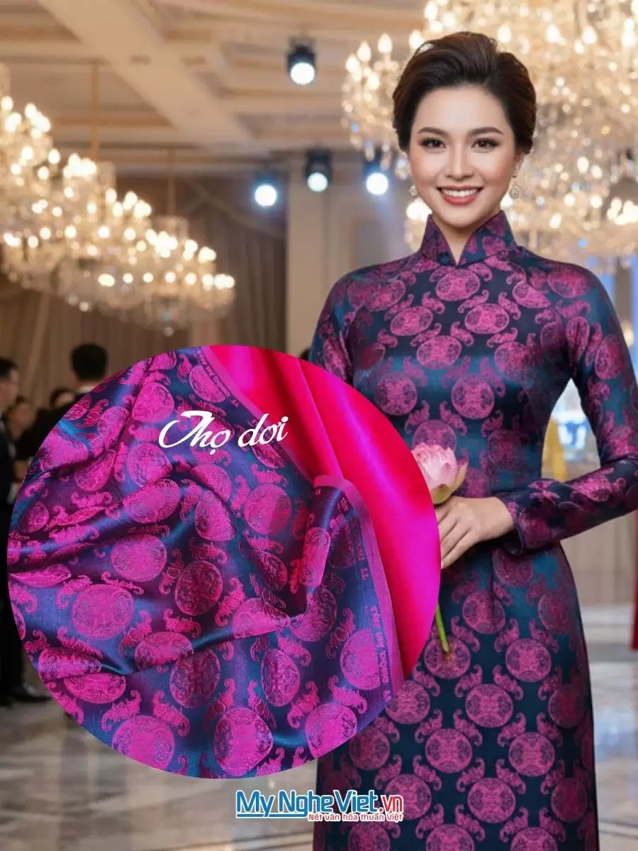 Vải Lụa Hà Đông Thọ Dơi Tròn Nhỏ Xanh Hồng 3.7m MNV-LHD37/12