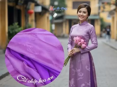 Vải lụa HĐ cá chép hoa sen 100% silk tím hoa cà 1m2 2m7 LNL27/2