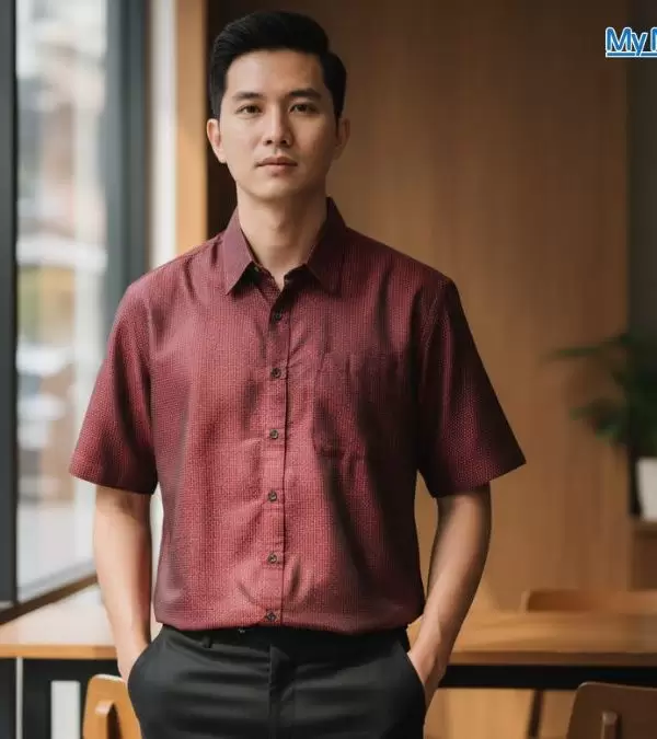 Áo Sơ Mi Nam Cọc Tay Màu Đỏ Chấm Bi