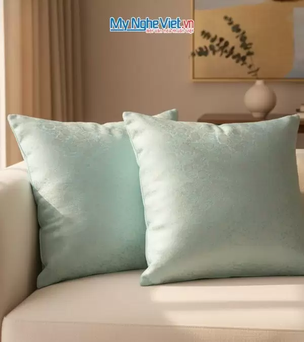 Bộ quà tặng cặp vỏ gối lụa họa tiết cúc xanh mint và hộp sơn mài cao cấp