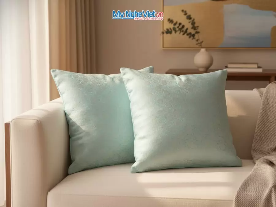 Bộ quà tặng cặp vỏ gối lụa họa tiết cúc xanh mint và hộp sơn mài cao cấp