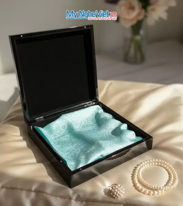 Bộ quà tặng cặp vỏ gối lụa họa tiết cúc xanh mint và hộp sơn mài cao cấp