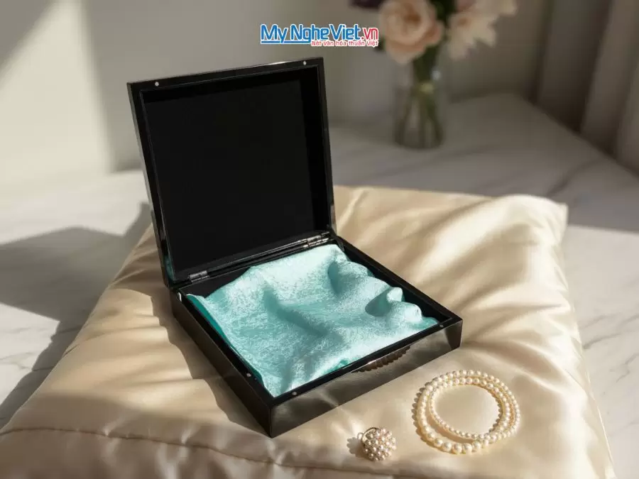 Bộ quà tặng cặp vỏ gối lụa họa tiết cúc xanh mint và hộp sơn mài cao cấp