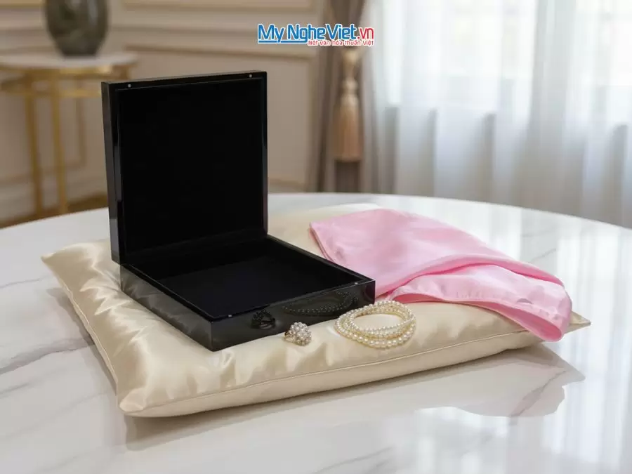 Bộ quà tặng cặp vỏ gối lụa và hộp sơn mài cao cấp
