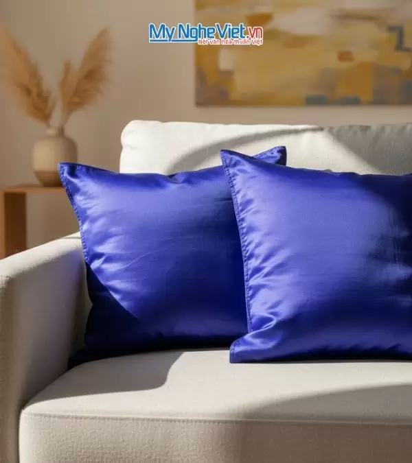 Bộ quà tặng vỏ gối lụa màu tím vàng đồng và hộp sơn mài cao cấp