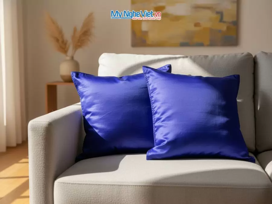 Bộ quà tặng vỏ gối lụa màu tím vàng đồng và hộp sơn mài cao cấp