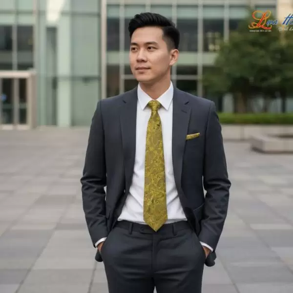 Cà vạt lụa tơ tằm họa tiết đuôi công vàng