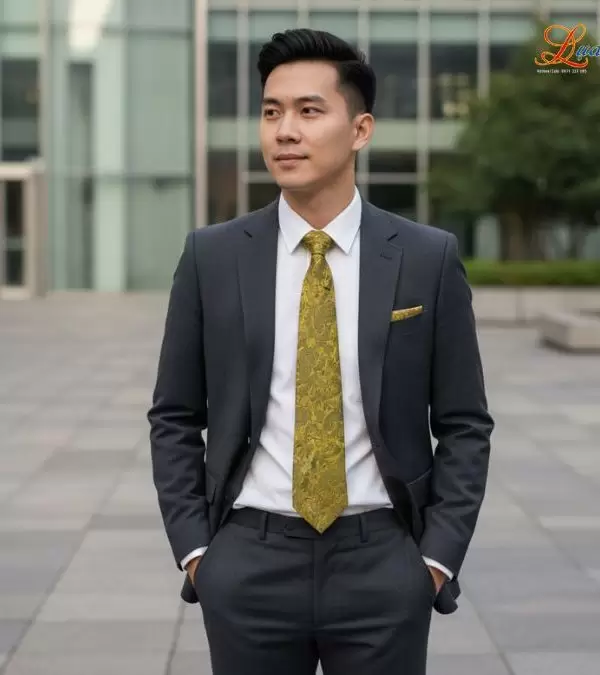 Cà vạt lụa tơ tằm họa tiết đuôi công vàng