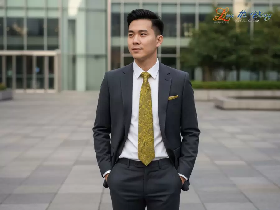 Cà vạt lụa tơ tằm họa tiết đuôi công vàng